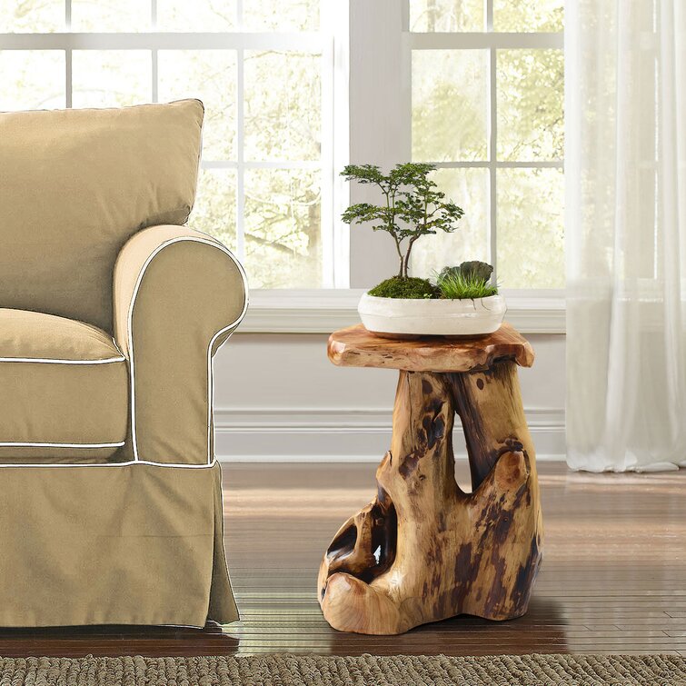 Solid wood tree stump end outlet table